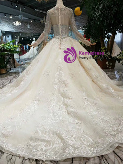 Shop 2019 Long & Short Champagne Tulle Lace Long Sleeve Wedding Dress With Beading Crystal With Factory Price From Kemedress