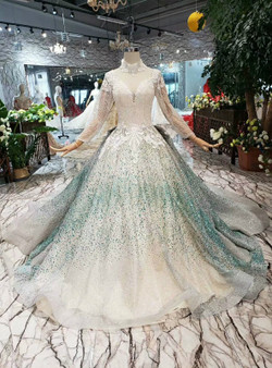Shop 2019 Long & Short Champagne Ball Gown Tulle Green Sequins High Neck Long Sleeve Appliques Wedding Dress With Factory Price From Kemedress