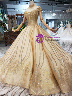 Shop 2019 Long & Short Gold Ball Gown Sequins High Neck Backless Beading Wedding Dress With Factory Price From Kemedress