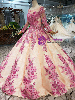 Shop 2019 Long & Short Champagne Ball Gown Pink Appliques Beading Long Sleeve Wedding Dress With Factory Price From Kemedress