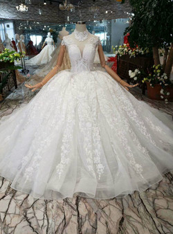 Shop 2019 Long & Short Light Champagne Tulle Lace Appliques High Neck Cap Sleeve Wedding Dress With Factory Price From Kemedress
