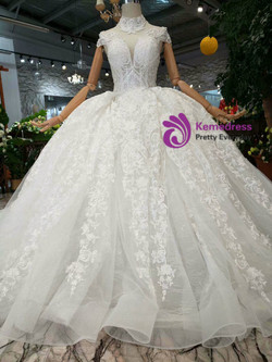 Shop 2019 Long & Short Light Champagne Tulle Lace Appliques High Neck Cap Sleeve Wedding Dress With Factory Price From Kemedress