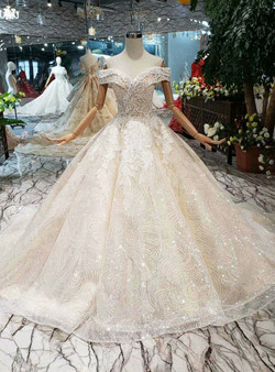 Shop 2019 Long & Short Tulle Sequins Off The Shoulder Appliques Champagne Wedding Dress  With Factory Price From Kemedress