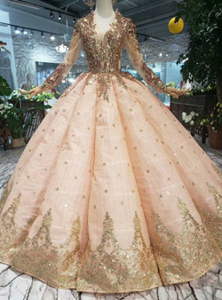 Shop 2019 Long & Short Champagne Ball Gown Sequins Appliques V-neck Long Sleeve Wedding Dress With Factory Price From Kemedress