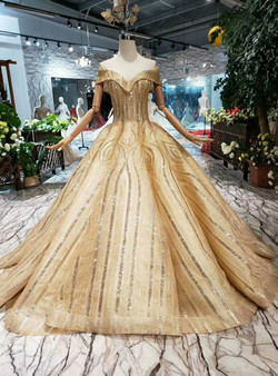 Shop 2019 Long & Short Gold Ball Gown Sequins Off the Shoulder Beading Wedding Dress With Factory Price From Kemedress