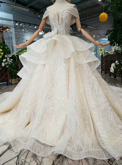 Shop 2019 Long & Short Champagne Ball Gown Tulle Sequins Off The Shoulder Wedding Dress With Bow With Factory Price From Kemedress