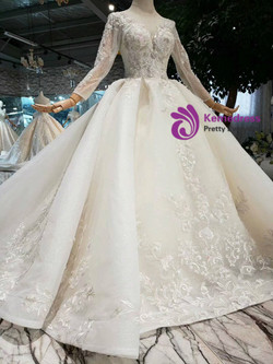 Shop 2019 Long & Short Champagne Ball Gown Tulle Appliques Long Sleeve With Beading Wedding Dress With Factory Price From Kemedress