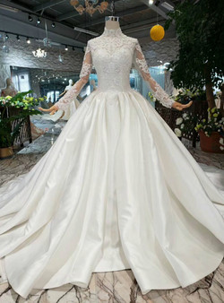 Shop 2019 Long & Short Ivory White Satin Applique High Neck Long Sleeve Beading Wedding Dress  With Factory Price From Kemedress