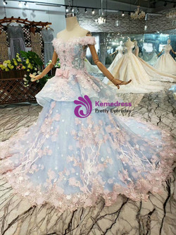 Shop 2019 Long & Short Blue Ball Gown Tulle Pink Flower Off the Shoulder Wedding Dress With Factory Price From Kemedress