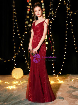 Shop 2019 Long & Short In Stock:Ship in 48 Hours Black Mermaid Burgundy Sequins Spaghetti Straps Prom Dress With Factory Price From Kemedress