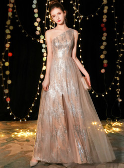 Shop 2019 Long & Short  In Stock:Ship in 48 Hours Champagne Tulle Sequins One Shoulder Prom Dress With Split With Factory Price From Kemedress Shop 2019 Long & Short  In Stock:Ship in 48 Hours Champagne Tulle Sequins One Shoulder Prom Dress With Split With Factory Price From Kemedress