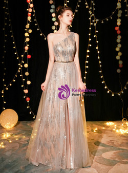 Shop 2019 Long & Short  In Stock:Ship in 48 Hours Champagne Tulle Sequins One Shoulder Prom Dress With Split With Factory Price From Kemedress Shop 2019 Long & Short  In Stock:Ship in 48 Hours Champagne Tulle Sequins One Shoulder Prom Dress With Split With Factory Price From Kemedress