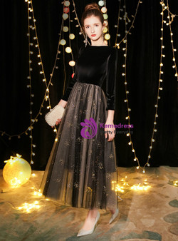 Shop 2019 Long & Short In Stock:Ship in 48 Hours Black Tulle Velvet Long Sleeve Prom Dress With Factory Price From Kemedress