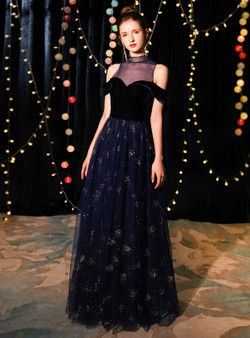 Shop 2019 Long & Short In Stock:Ship in 48 Hours Navy Blue Tulle High Neck Prom Dress With Factory Price From Kemedress