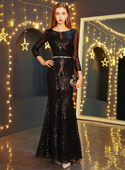 Shop 2019 Long & Short In Stock:Ship in 48 Hours Black Mermaid Sequins Long Sleeve Prom Dress With Factory Price From Kemedress