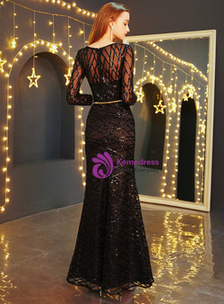 Shop 2019 Long & Short In Stock:Ship in 48 Hours Black Mermaid Sequins Long Sleeve Prom Dress With Factory Price From Kemedress