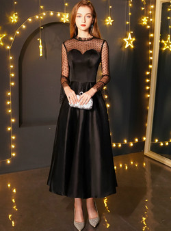 Shop 2019 Long & Short In Stock:Ship in 48 Hours Black Satin Long Sleeve Ankle Length Prom Dress With Factory Price From Kemedress