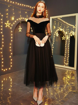 Shop 2019 Long & Short In Stock:Ship in 48 Hours Black Tulle Tulle Long Sleeve Prom Dress With Factory Price From Kemedress