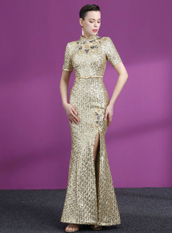 Shop 2019 Long & Short Gold Mermaid Sequins High Neck Short Sleeve Appliques Mother Of The Bride Dress With Factory Price From Kemedress Shop 2019 Long & Short Gold Mermaid Sequins High Neck Short Sleeve Appliques Mother Of The Bride Dress With Factory Price From Kemedress