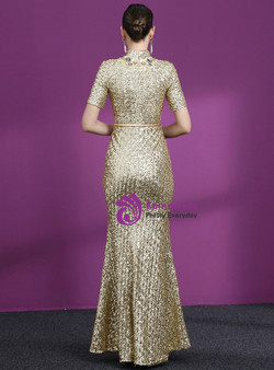 Shop 2019 Long & Short Gold Mermaid Sequins High Neck Short Sleeve Appliques Mother Of The Bride Dress With Factory Price From Kemedress Shop 2019 Long & Short Gold Mermaid Sequins High Neck Short Sleeve Appliques Mother Of The Bride Dress With Factory Price From Kemedress