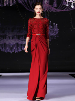 Shop 2019 Long & Short Simple Red Lace Sheath 3/4 Sleeve Long Mother Of The Bride Dress With Factory Price From Kemedress