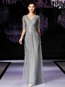 Shop 2019 Long & Short A-Line Silver Gray Sequins V-neck Half Sleeve Mother Of The Bride Dress With Factory Price From Kemedress
