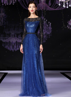 Shop 2019 Long & Short A-Line Blue Tulle Sequins Long Sleeve Mother Of The Bride Dress With Factory Price From Kemedress
