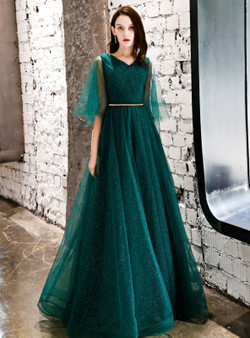 Shop 2019 Long & Short In Stock:Ship in 48 Hours Green Tulle V-neck Sequins Prom Dress With Factory Price From Kemedress
