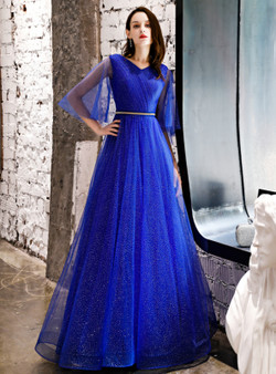 Shop 2019 Long & Short In Stock:Ship in 48 Hours Royal Blue Tulle Sequins Long Prom Dress With Factory Price From Kemedress