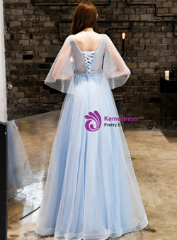 Shop 2019 Long & Short In Stock:Ship in 48 Hours Light Blue Tulle Sequins Long Prom Dress With Factory Price From Kemedress