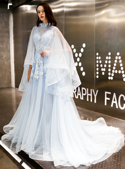 Shop 2019 Long & Short In Stock:Ship in 48 Hours Blue Tulle High Neck Backless Appliques Prom Dress With Factory Price From Kemedress