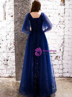 Shop 2019 Long & Short In Stock:Ship in 48 Hours Navy Blue Tulle Sequins V-neck Prom Dress With Factory Price From Kemedress