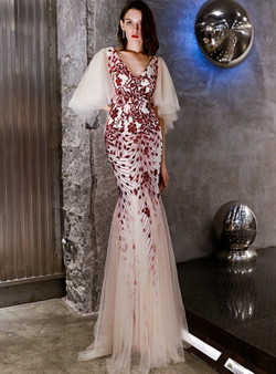 Shop 2019 Long & Short In Stock:Ship in 48 Hours Mermaid Red Sequins V-neck Prom Dress With Factory Price From Kemedress