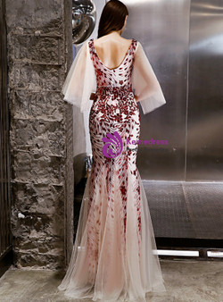 Shop 2019 Long & Short In Stock:Ship in 48 Hours Mermaid Red Sequins V-neck Prom Dress With Factory Price From Kemedress