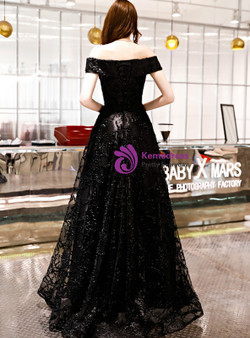 Shop 2019 Long & Short In Stock:Ship in 48 Hours Black Off The Shoulder Lace Prom Dress With Factory Price From Kemedress