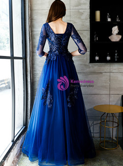 Shop 2019 Long & Short In Stock:Ship in 48 Hours Navy Blue Tulle 3/4 Sleeve Appliques Prom Dress With Factory Price From Kemedress
