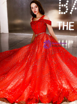 Shop 2019 Long & Short In Stock:Ship in 48 Hours Red Tulle Sequins Prom Dress With Sash With Factory Price From Kemedress