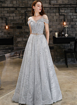Shop 2019 Long & Short In Stock:Ship in 48 Hours Gray Tulle Sequins Prom Dress With Sash With Factory Price From Kemedress