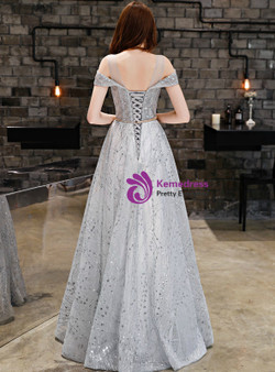 Shop 2019 Long & Short In Stock:Ship in 48 Hours Gray Tulle Sequins Prom Dress With Sash With Factory Price From Kemedress