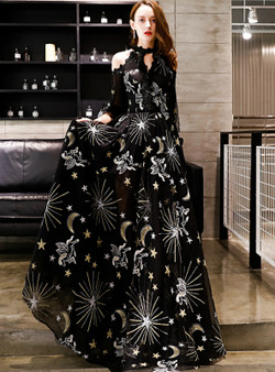 Shop 2019 Long & Short In Stock:Ship in 48 Hours Black Tulle Half Sleeve Prom Dress With Factory Price From Kemedress