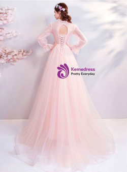 Shop 2019 Long & Short In Stock:Ship in 48 Hours Pink Tulle Long Sleeve Appliques Prom Dress With Factory Price From Kemedress