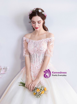 Shop 2019 Long & Short In Stock:Ship in 48 Hours Pink Tulle Short Sleeve Appliques Wedding Dress With Factory Price From Kemedress