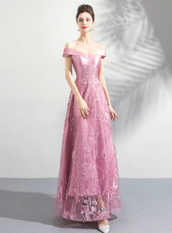 Shop 2019 Long & Short In Stock:Ship in 48 Hours Pink Tulle Appliques Off the Shoulder Prom Dress With Factory Price From Kemedress