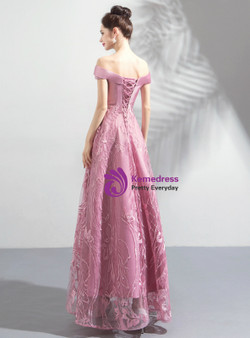 Shop 2019 Long & Short In Stock:Ship in 48 Hours Pink Tulle Appliques Off the Shoulder Prom Dress With Factory Price From Kemedress