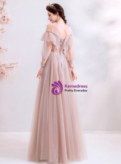 Shop 2019 Long & Short In Stock:Ship in 48 Hours A-Line Pink Tulle Long Sleeve Appliques Prom Dress With Factory Price From Kemedress