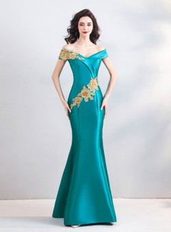 Shop 2019 Long & Short In Stock:Ship in 48 Hours Turquoise Green Satin Off Tthe Shoulder Prom Dress With Factory Price From Kemedress