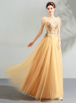 Shop 2019 Long & Short In Stock:Ship in 48 Hours Yellow Tulle V-neck Appliques Long Prom Dress With Factory Price From Kemedress
