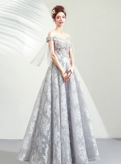 Shop 2019 Long & Short In Stock:Ship in 48 Hours A-Line Gray Lace Off The Shoulder Prom Dress With Factory Price From Kemedress