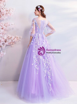 Shop 2019 Long & Short In Stock:Ship in 48 Hours Purple Tulle Appliques Long Prom Dress With Factory Price From Kemedress