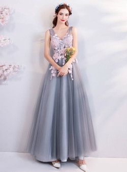 Shop 2019 Long & Short In Stock:Ship in 48 Hours Gray Tulle Appliques V-neck Prom Dress With Factory Price From Kemedress